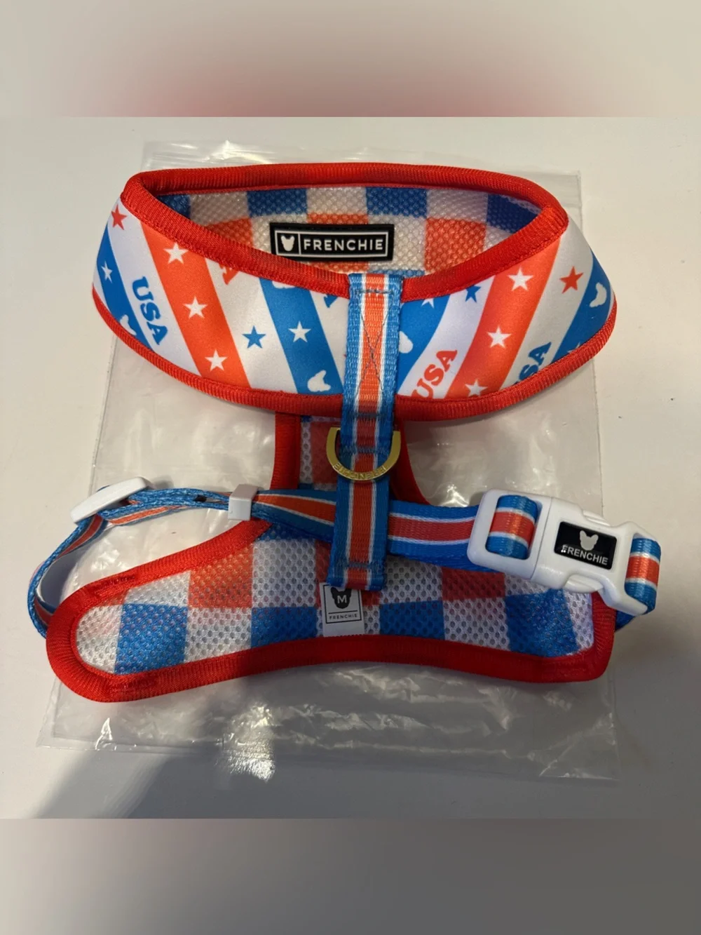 Frenchie Duo Reversible Dog Medium Harness USA america red white blue NEW